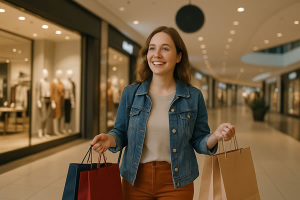 Woman shopping in indoor mall – background music environment.