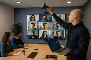 A technician calibrating ceiling microphones in a modern conference room during a video call, ensuring clear audio and seamless AV integration for hybrid meetings.