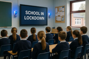 Classroom of primary school pupils in uniform sitting at their desks watching a screen displaying the message “School in Lockdown”, with blue flashing lights on the wall indicating an active lockdown alert.
