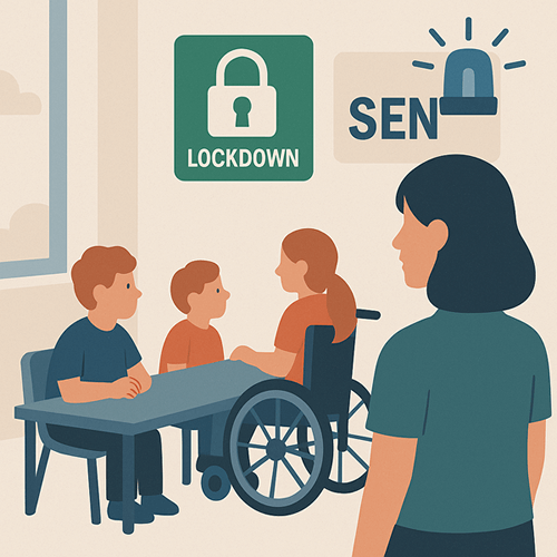 Illustration of a teacher and two pupils, one in a wheelchair, inside a classroom with SEN and lockdown signs and a blue flashing beacon on the wall, representing inclusive school safety systems.
