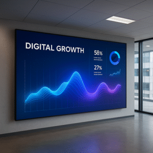 110-inch LED display in a modern corporate office showing high-definition digital growth analytics and data visualisation
