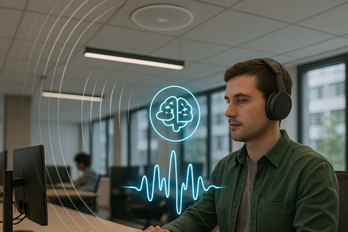 Man wearing headphones working at a computer with sound masking, AI brain and audio waveform graphic overlay in a modern office