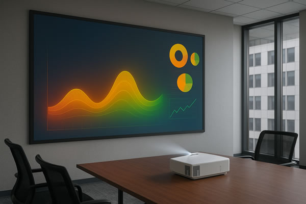 High-resolution projector displaying colourful data visualisations in a modern corporate meeting room