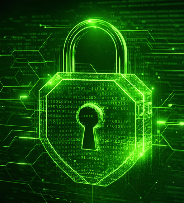 Green digital padlock with encrypted data and network lines representing cybersecurity and data protection