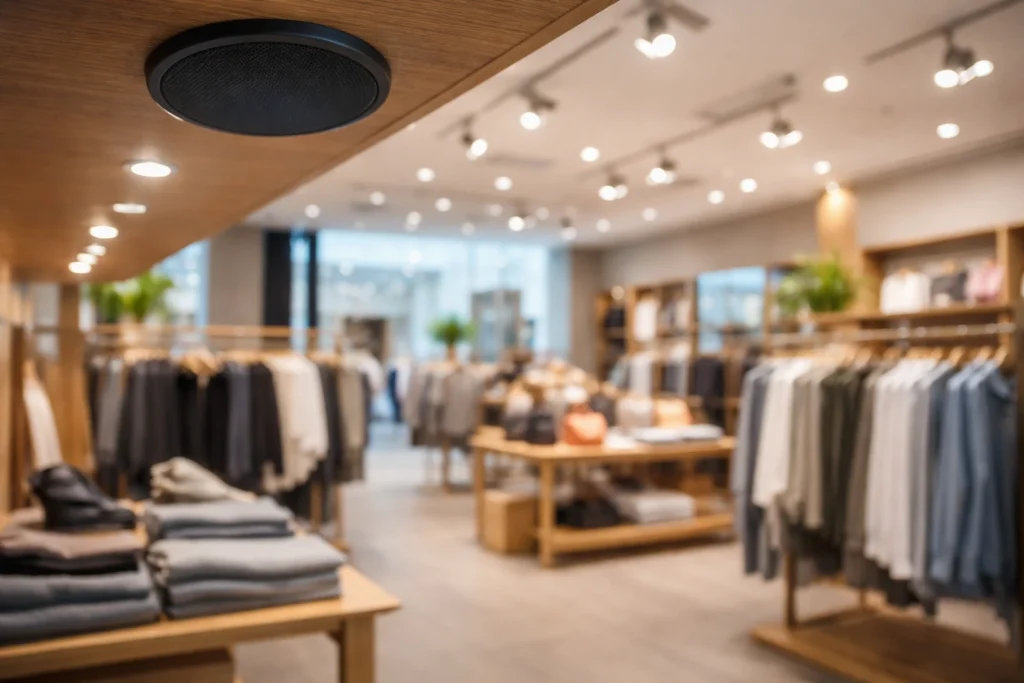 Modern clothing retail store interior featuring ceiling speakers delivering background music, demonstrating the impact of commercial audio on customer experience and retail ambience.