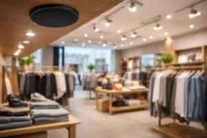 Modern clothing retail store interior featuring ceiling speakers delivering background music, demonstrating the impact of commercial audio on customer experience and retail ambience.