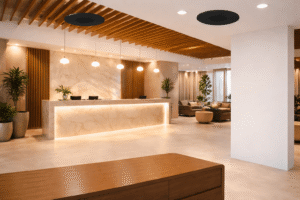Ceiling-mounted commercial audio speakers in a modern hotel reception area with seating and front desk