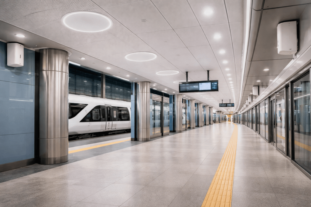 Modern train station platform with ceiling and wall-mounted speakers for commercial audio system