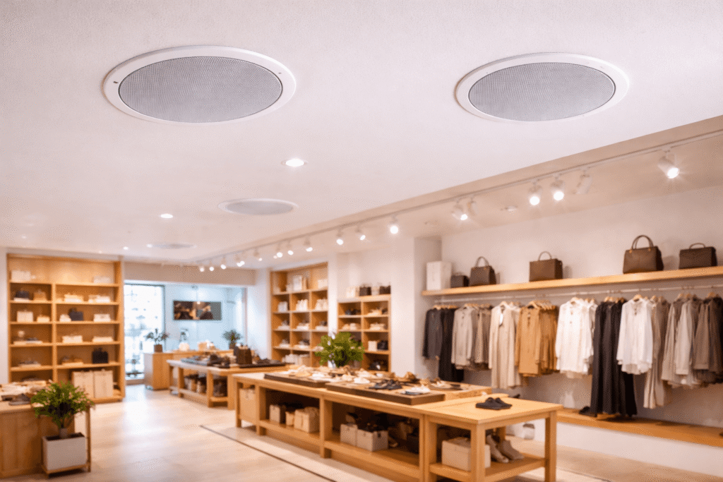 Modern shop floor with integrated ceiling speakers and ambient commercial audio system