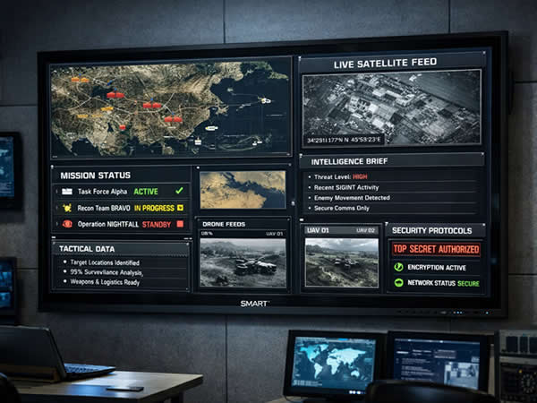 Military command centre digital signage displaying mission status, satellite imagery and operational data dashboard.