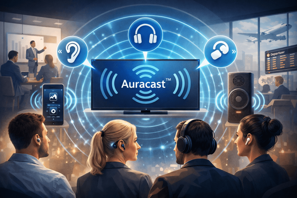 Illustration of Auracast™ Bluetooth technology broadcasting audio from a central screen to multiple users wearing headphones and hearing aids in workplace and public environments.