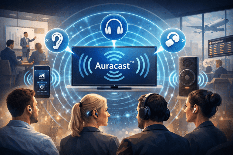 Illustration of Auracast™ Bluetooth technology broadcasting audio from a central screen to multiple users wearing headphones and hearing aids in workplace and public environments.