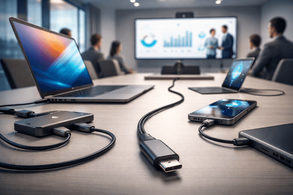 Modern meeting room with USB-C cable connecting laptop and devices, demonstrating simplified connectivity and standardised workplace technology.