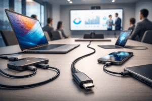 Modern meeting room with USB-C cable connecting laptop and devices, demonstrating simplified connectivity and standardised workplace technology.