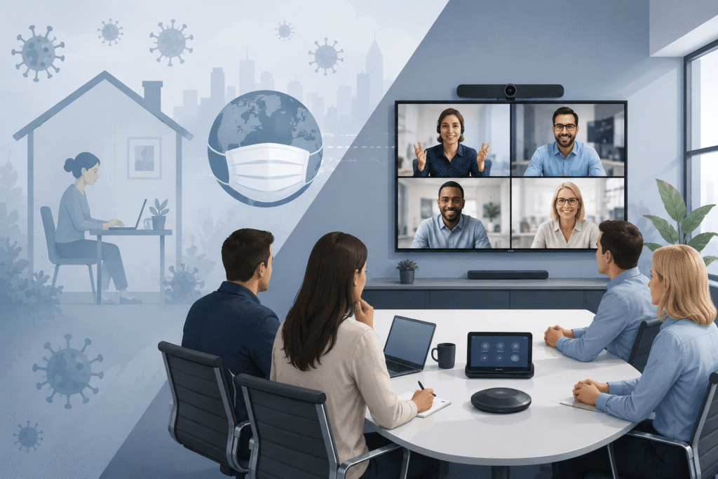Illustration showing the shift from COVID-19 home working to modern hybrid meetings using video conferencing technology.